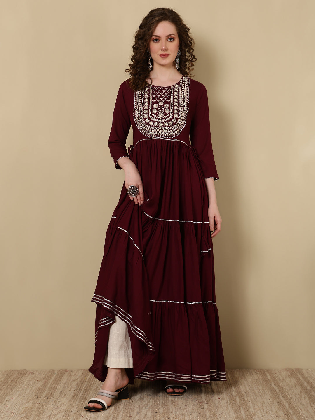 Rayon Printed Embroidered Ankle Length 3/4 Sleeve Round Neck Tiered Kurta
