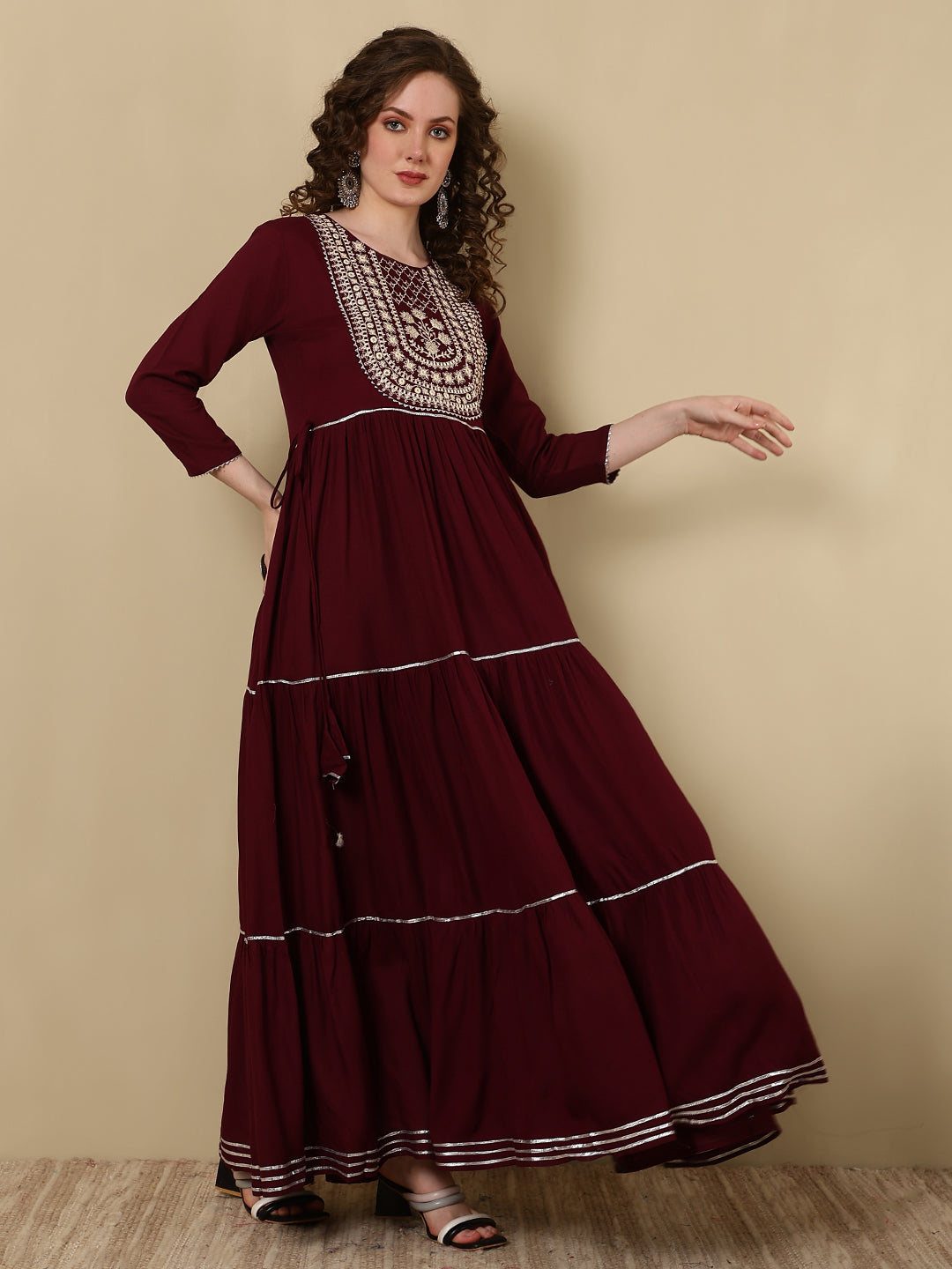 Rayon Printed Embroidered Ankle Length 3/4 Sleeve Round Neck Tiered Kurta
