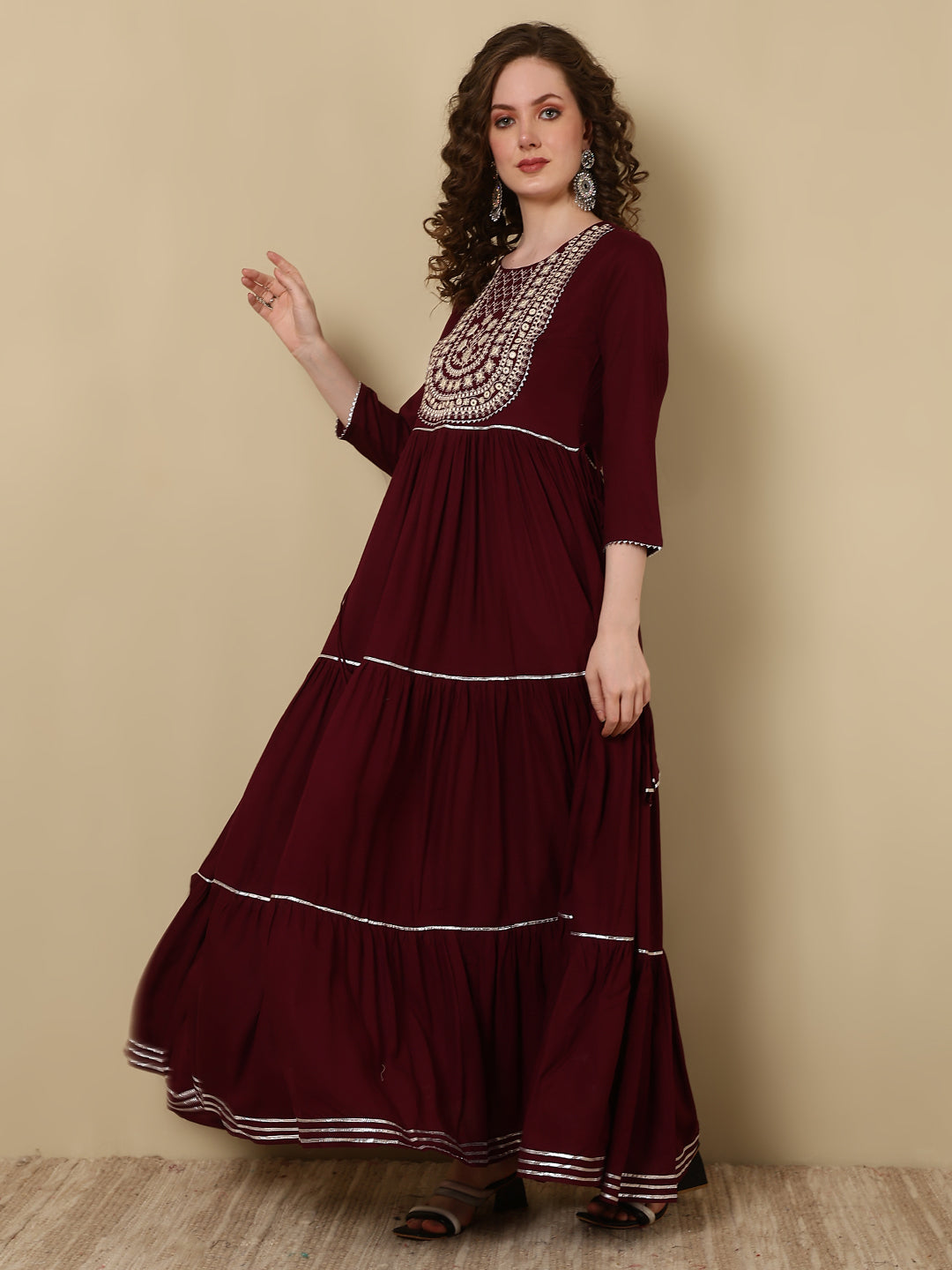 Rayon Printed Embroidered Ankle Length 3/4 Sleeve Round Neck Tiered Kurta