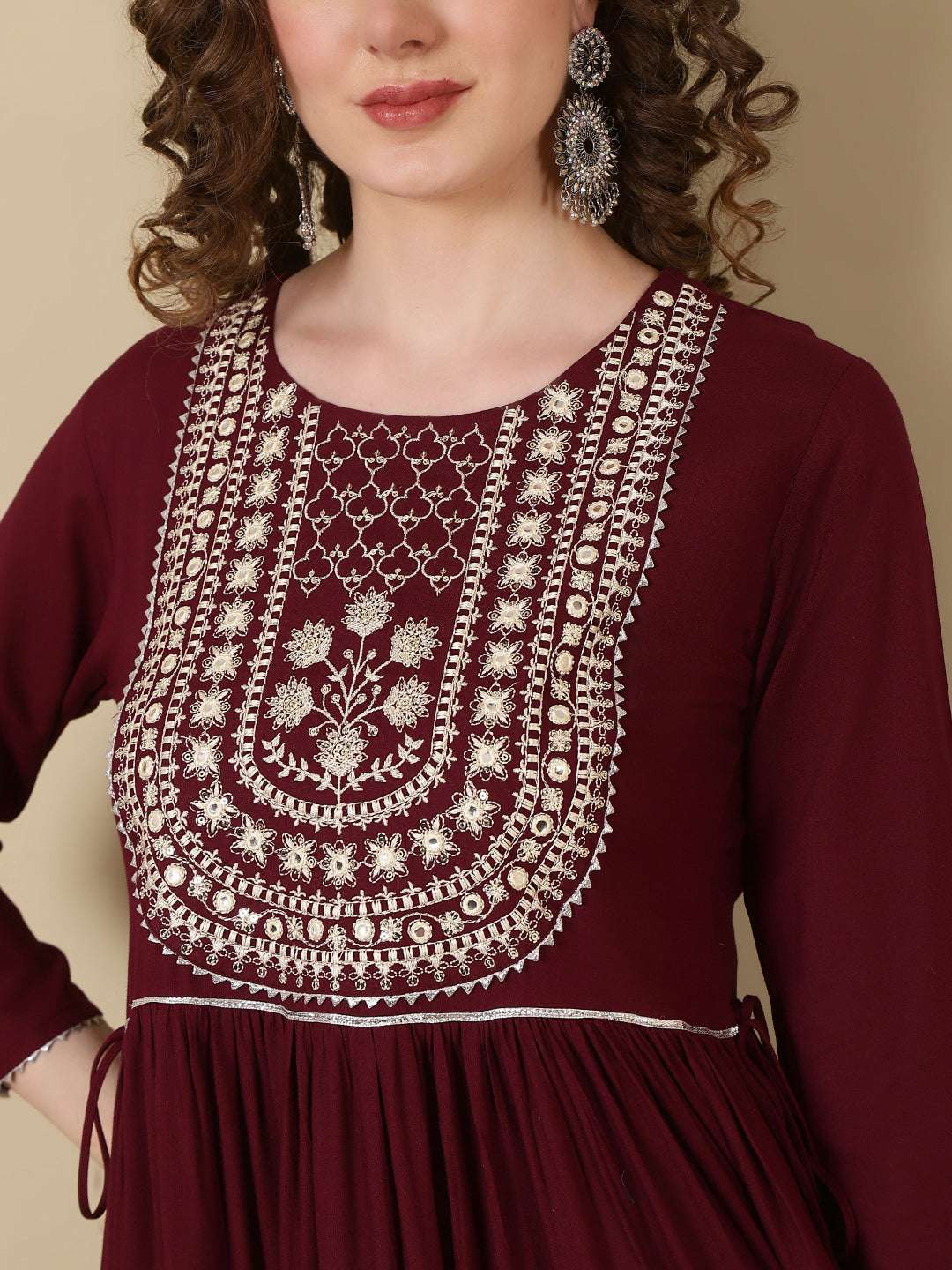Rayon Printed Embroidered Ankle Length 3/4 Sleeve Round Neck Tiered Kurta