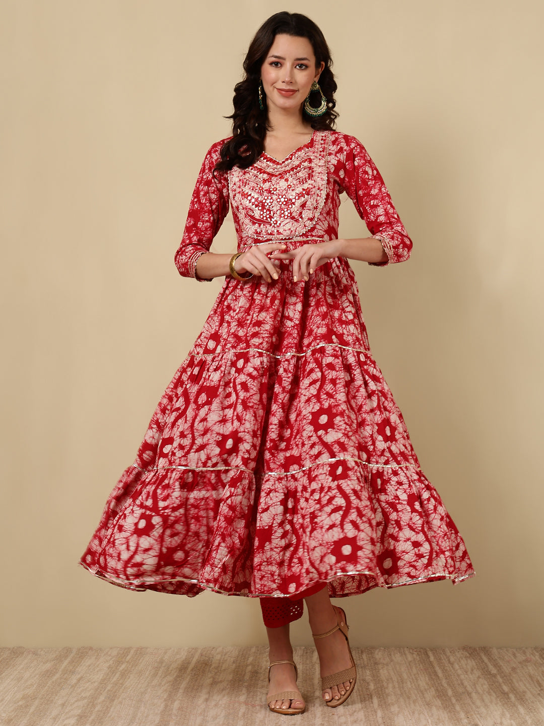 Cotton Embroidered Printed Ankle Length 3/4 Sleeve Round Neck Tiered Kurta