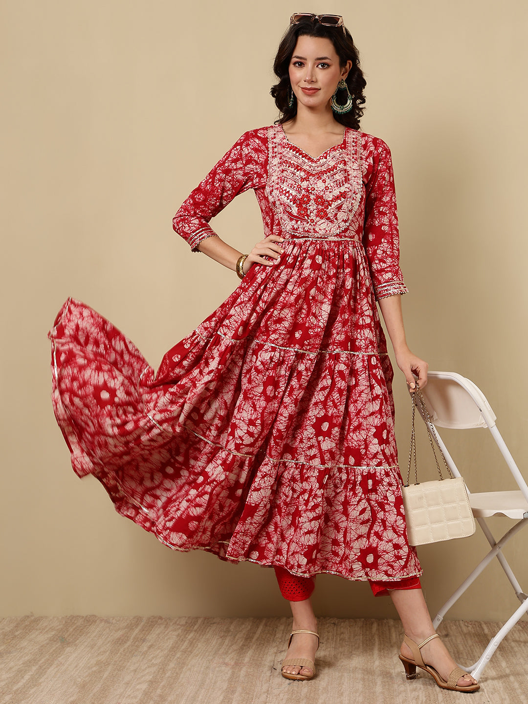 Cotton Embroidered Printed Ankle Length 3/4 Sleeve Round Neck Tiered Kurta