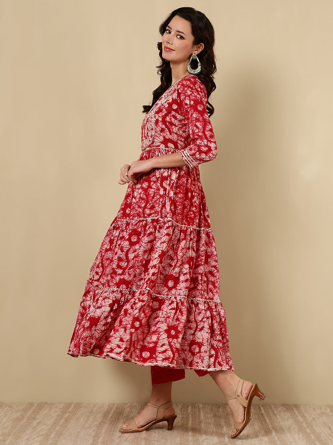Cotton Embroidered Printed Ankle Length 3/4 Sleeve Round Neck Tiered Kurta