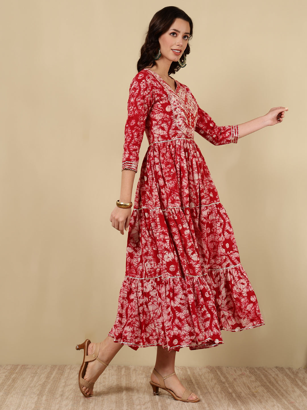 Cotton Embroidered Printed Ankle Length 3/4 Sleeve Round Neck Tiered Kurta