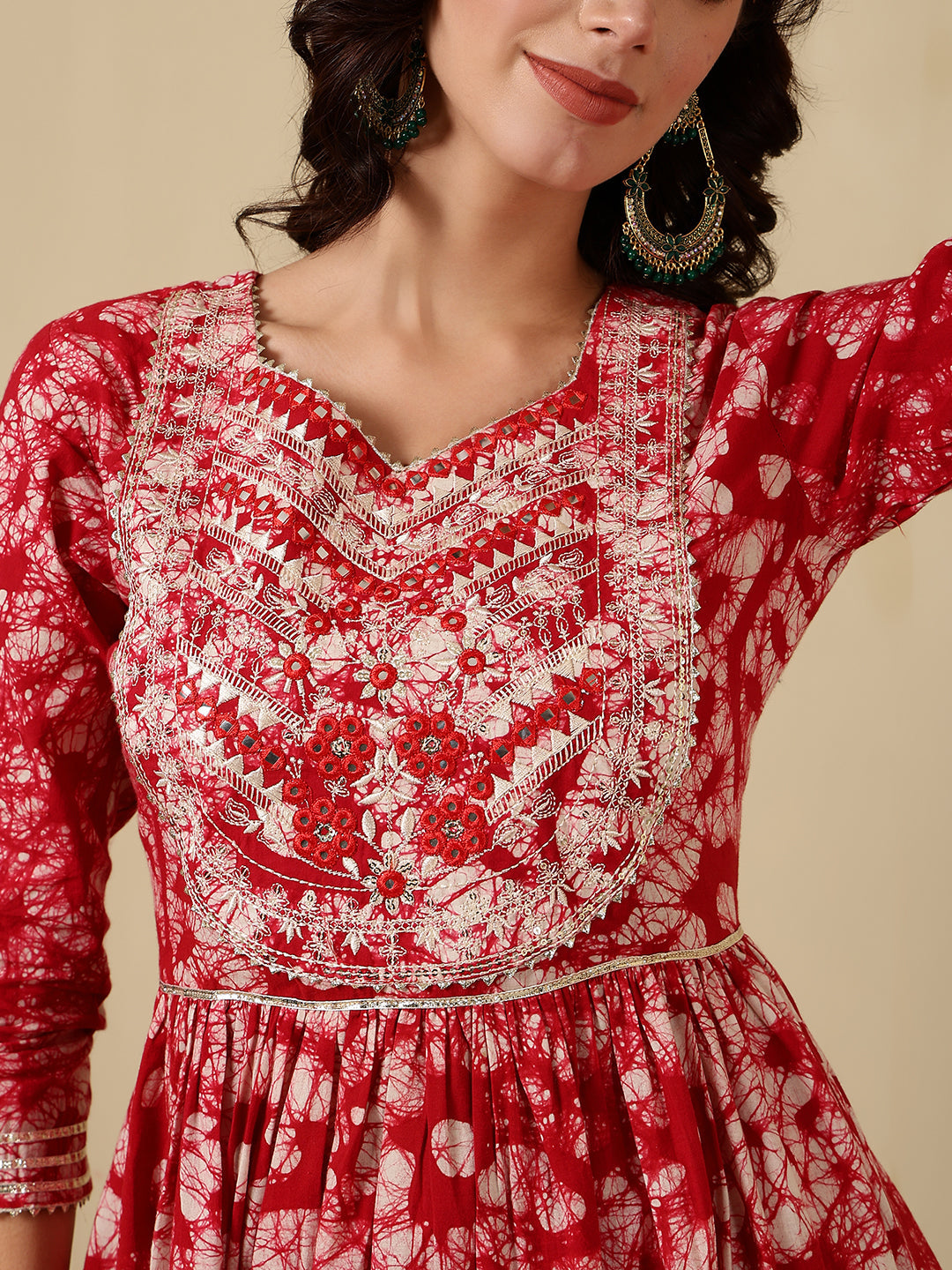 Cotton Embroidered Printed Ankle Length 3/4 Sleeve Round Neck Tiered Kurta