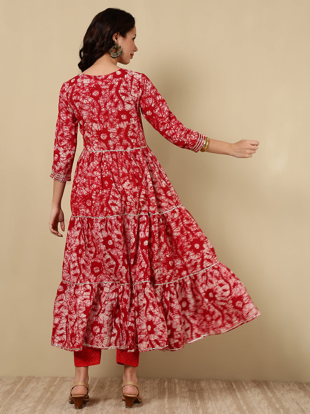 Cotton Embroidered Printed Ankle Length 3/4 Sleeve Round Neck Tiered Kurta