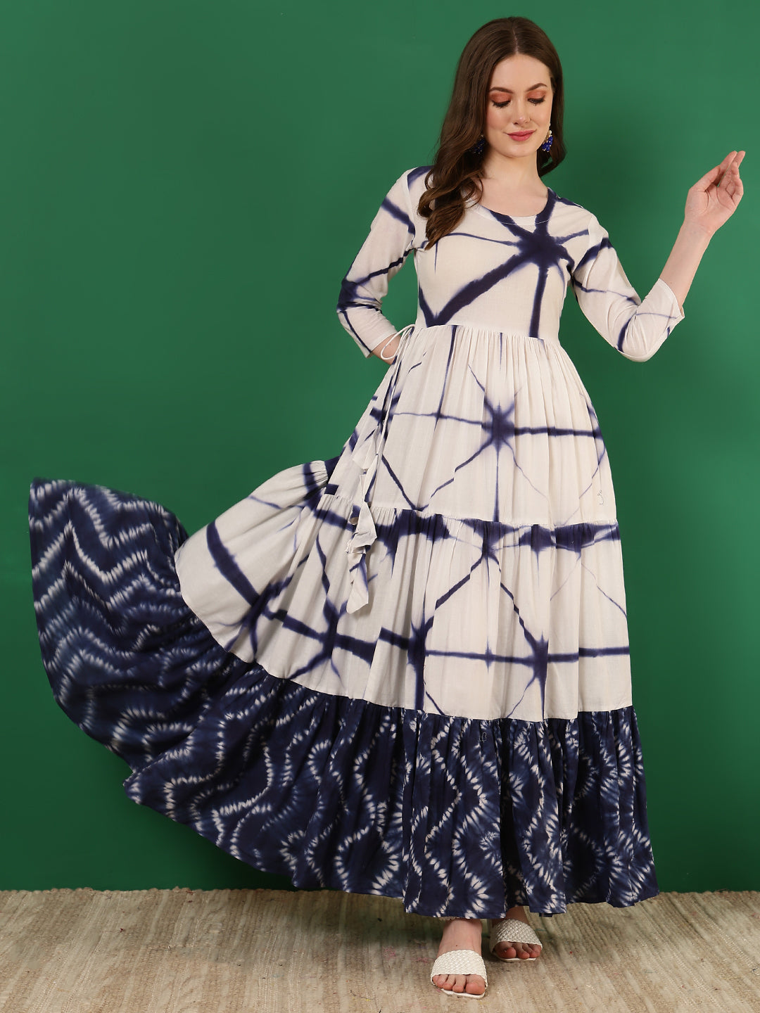 Cotton Printed Ankle Length 3/4 Sleeve Round Neck Tiered Kurta
