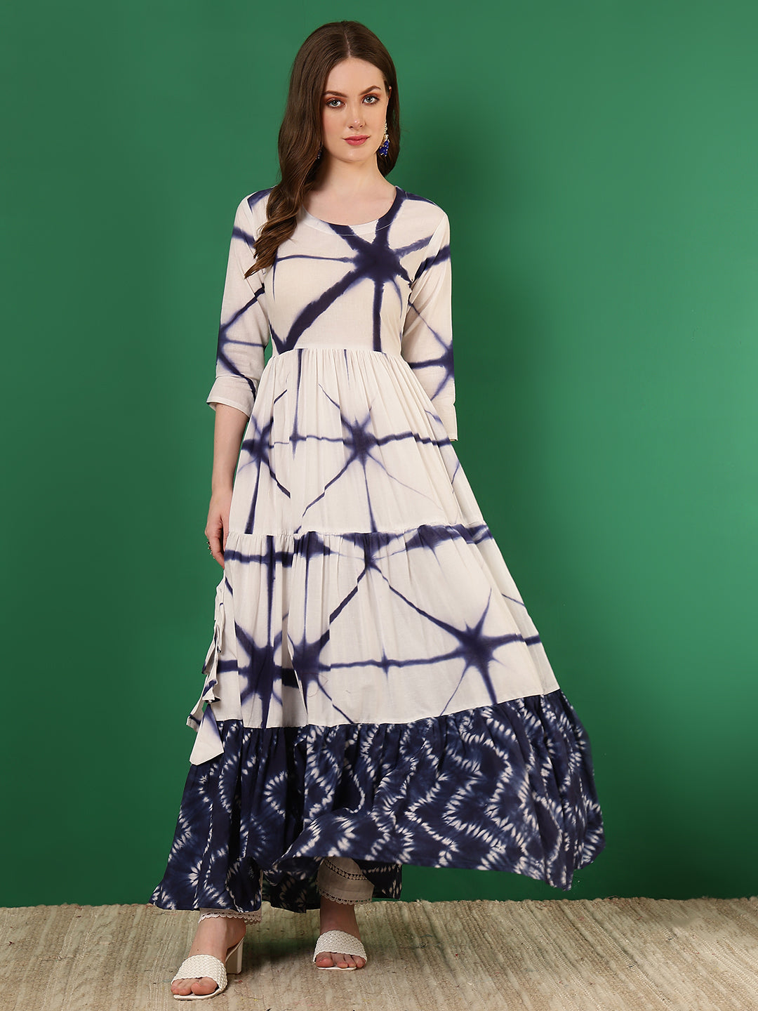 Cotton Printed Ankle Length 3/4 Sleeve Round Neck Tiered Kurta