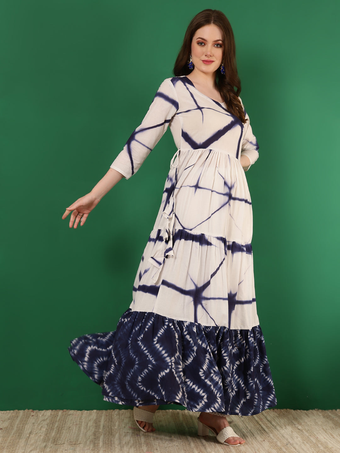 Cotton Printed Ankle Length 3/4 Sleeve Round Neck Tiered Kurta