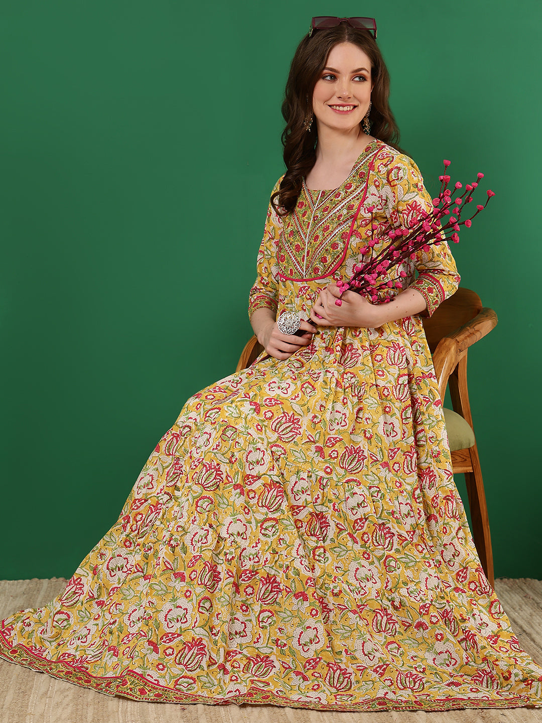 Cotton Printed Ankle Length 3/4 Sleeve Round Neck Tiered Kurta