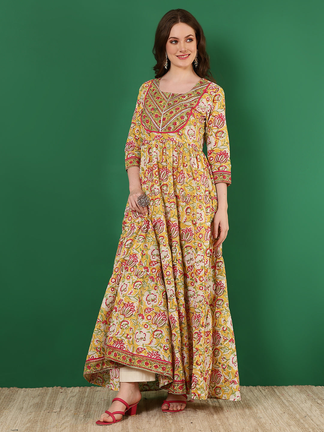 Cotton Printed Ankle Length 3/4 Sleeve Round Neck Tiered Kurta