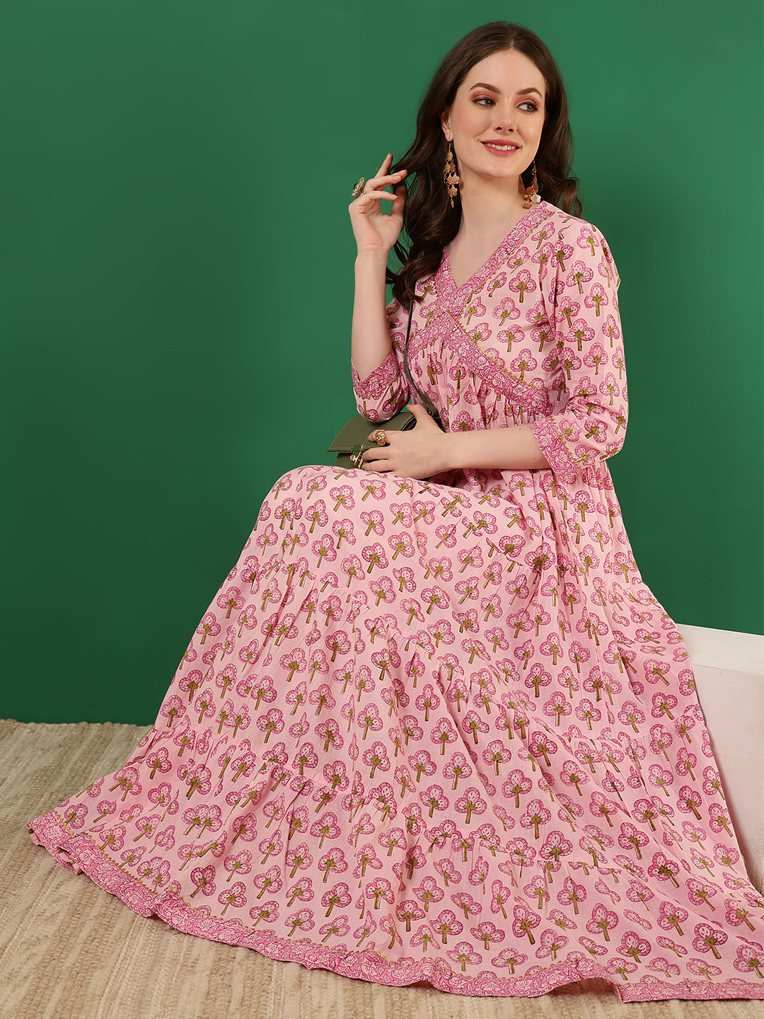 Cotton Printed Ankle Length 3/4 Sleeve V-Neck Alia Cut Tiered Kurta