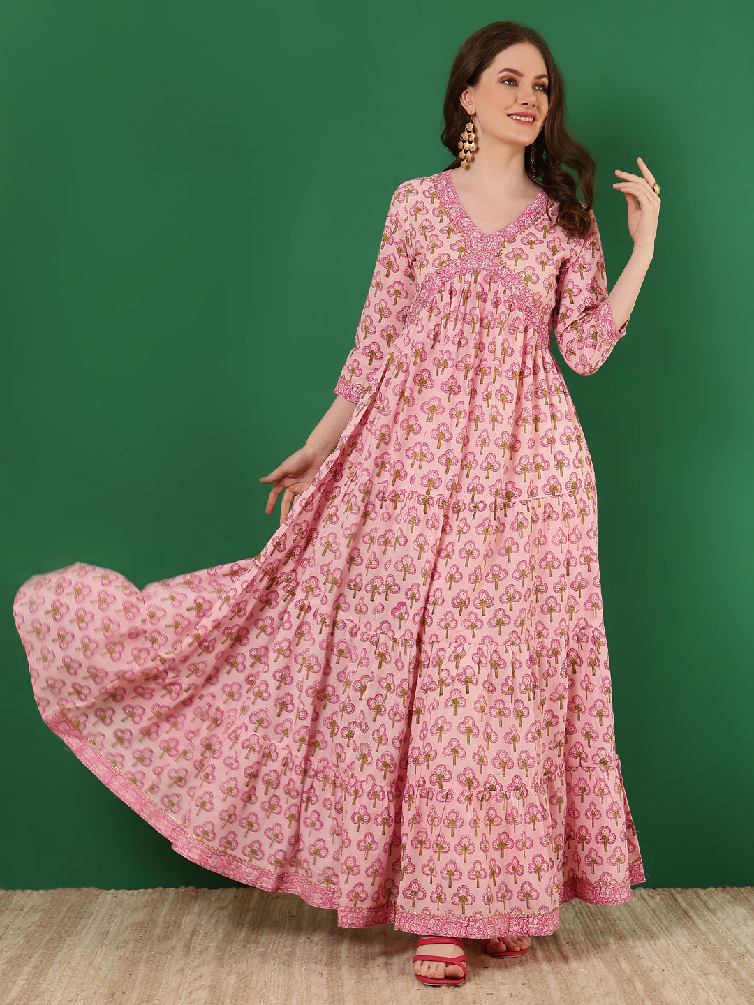 Cotton Printed Ankle Length 3/4 Sleeve V-Neck Alia Cut Tiered Kurta