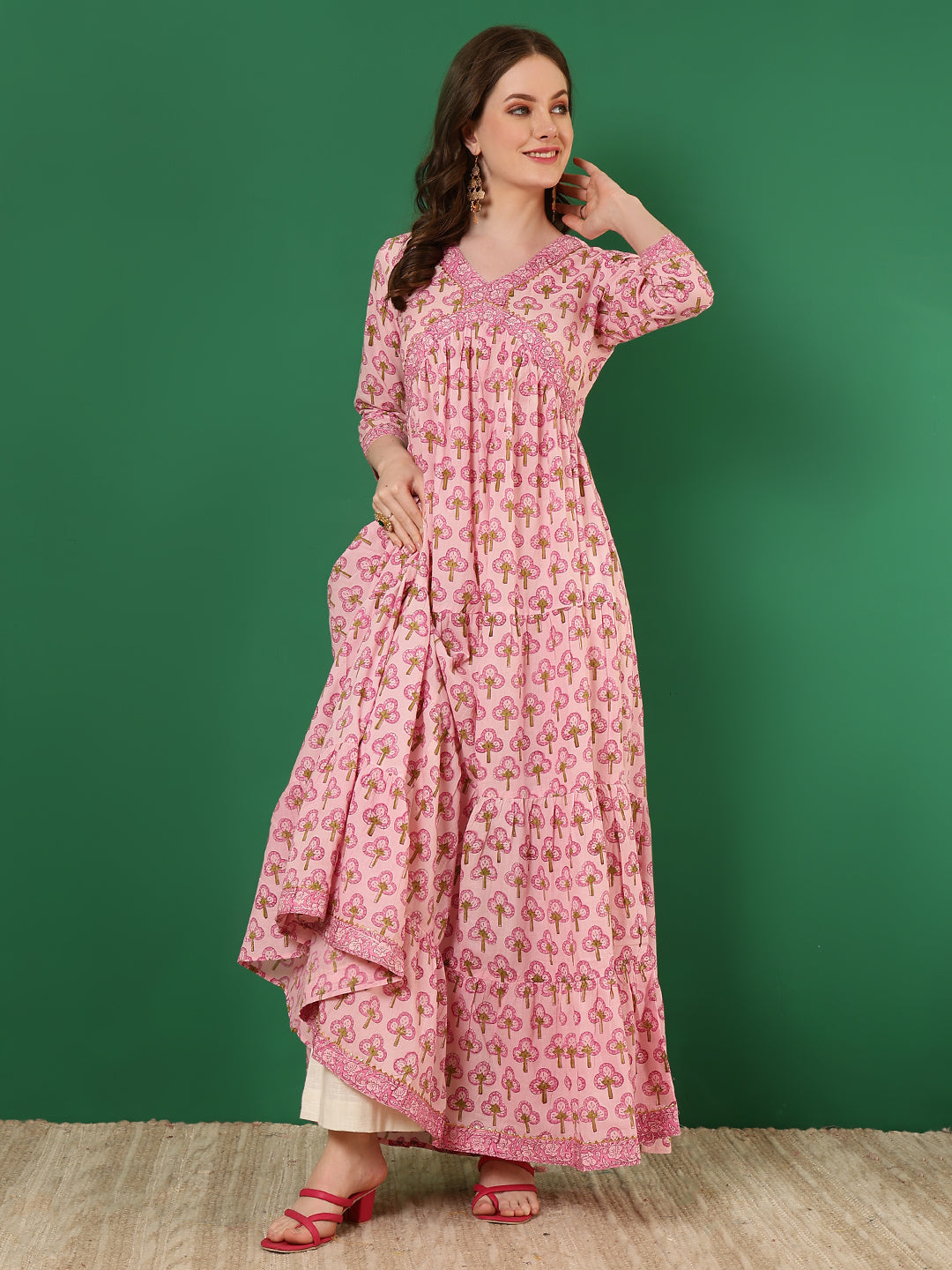 Cotton Printed Ankle Length 3/4 Sleeve V-Neck Alia Cut Tiered Kurta