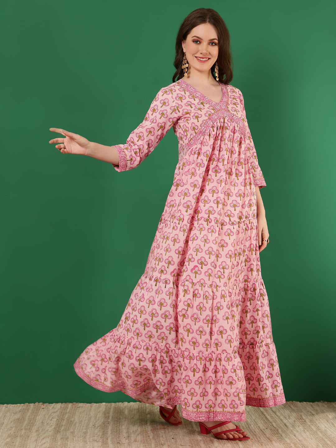 Cotton Printed Ankle Length 3/4 Sleeve V-Neck Alia Cut Tiered Kurta