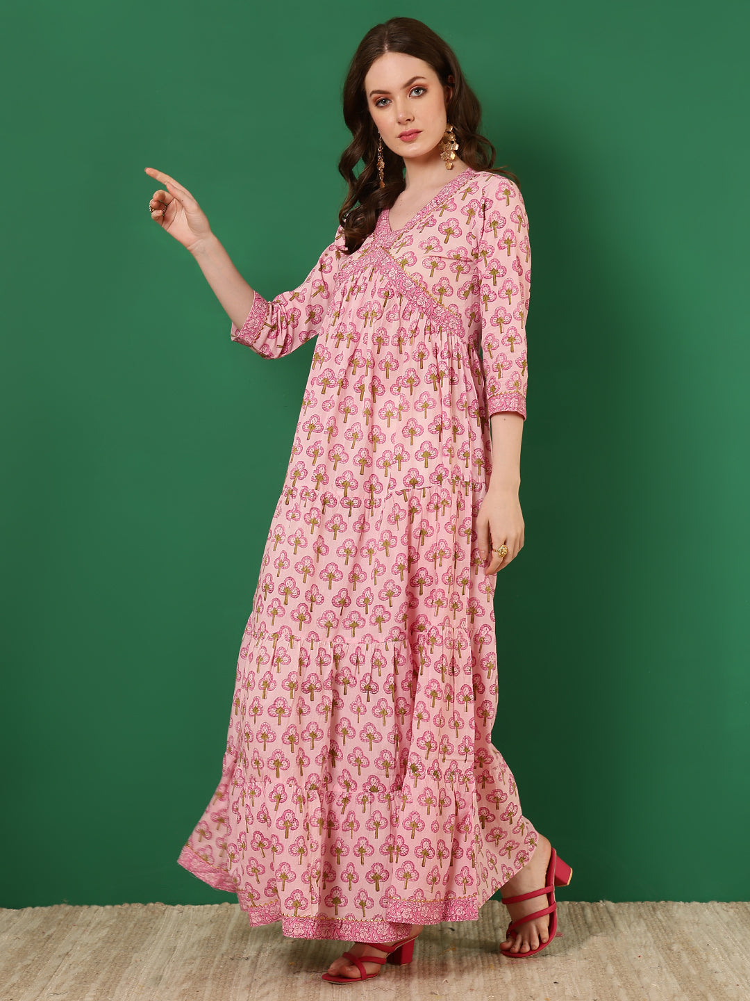 Cotton Printed Ankle Length 3/4 Sleeve V-Neck Alia Cut Tiered Kurta