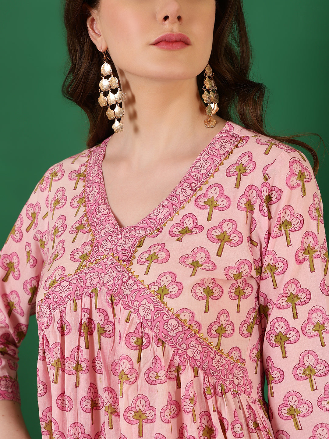 Cotton Printed Ankle Length 3/4 Sleeve V-Neck Alia Cut Tiered Kurta