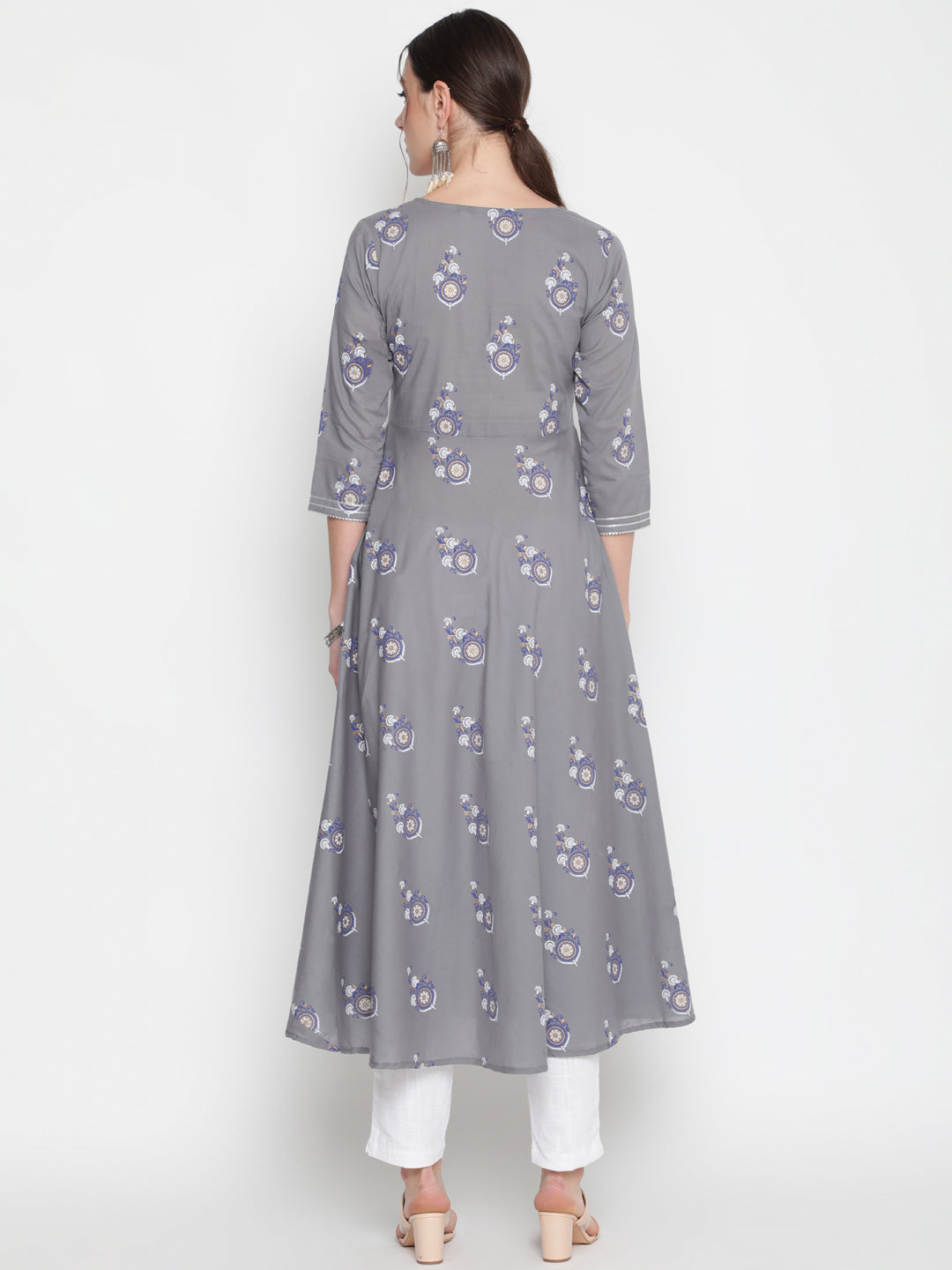Cotton Printed Round Neck 3/4 Sleeve Flared Ankle Length Ethnic Kurta