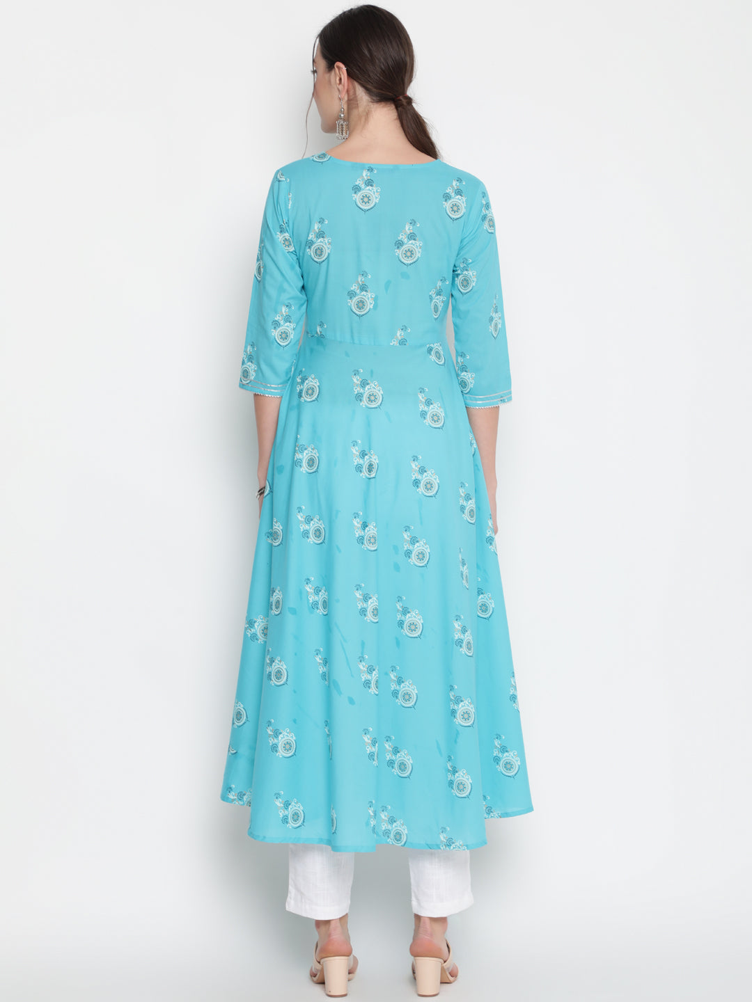 Cotton Printed Round Neck 3/4 Sleeve Flared Ankle Length Ethnic Kurta