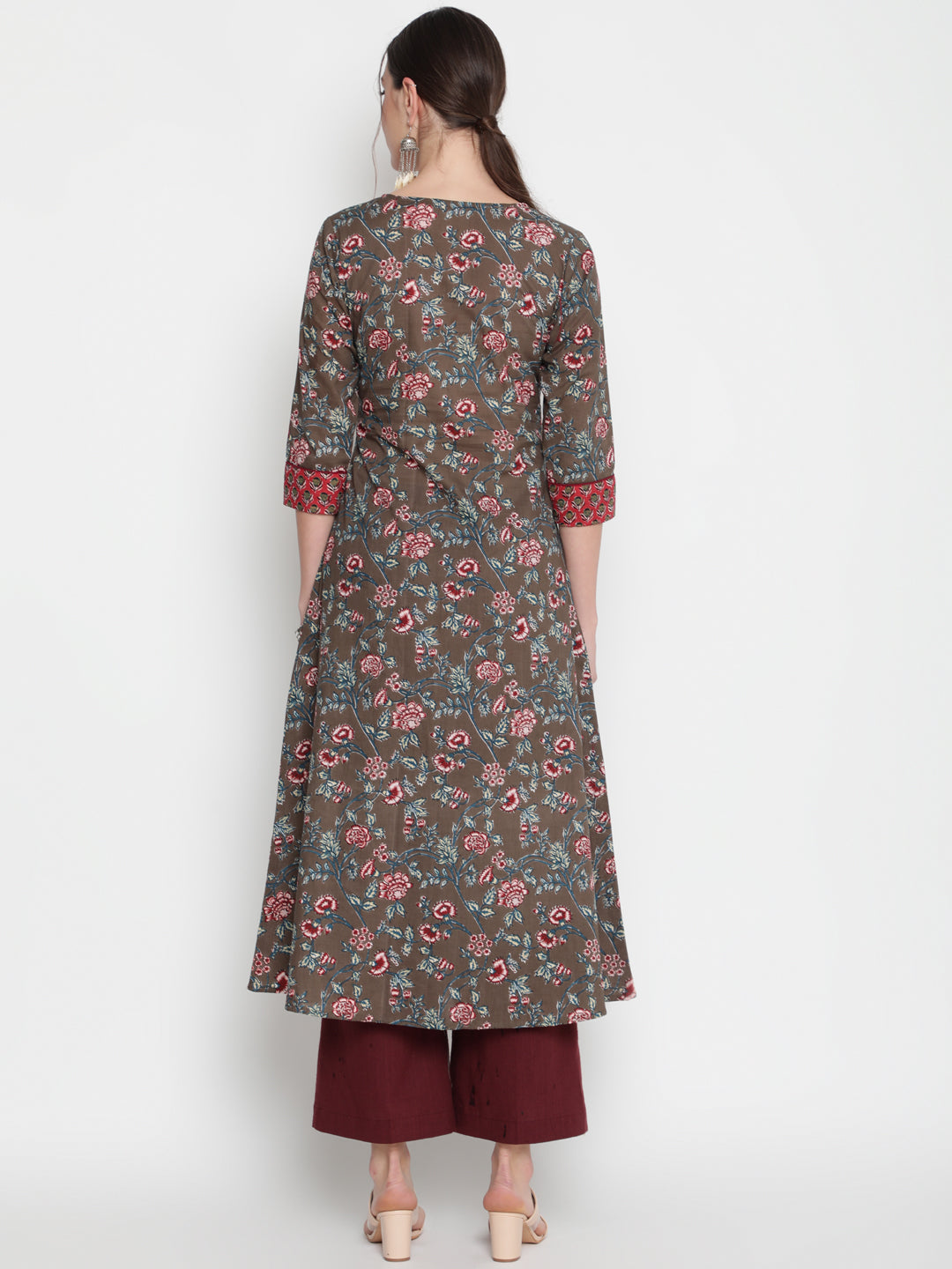 Cotton Printed Round Neck 3/4 Sleeve Flared Ankle Length Ethnic Kurta
