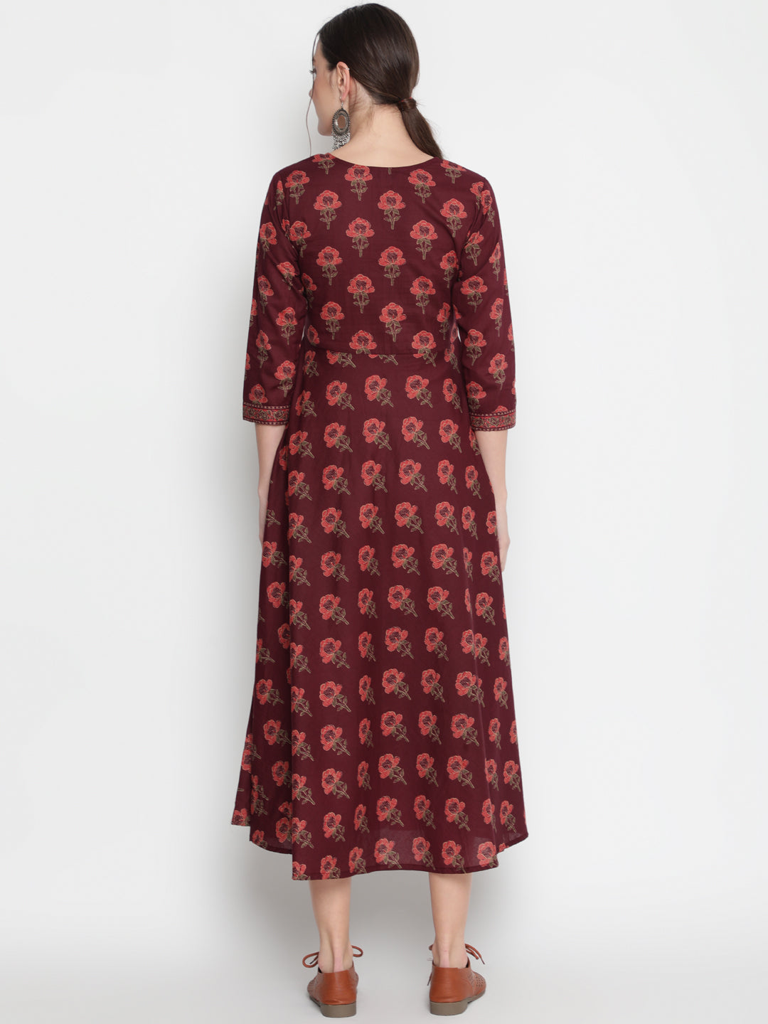 Cotton Printed Round Neck 3/4 Sleeve Flared Ankle Length Ethnic Kurta