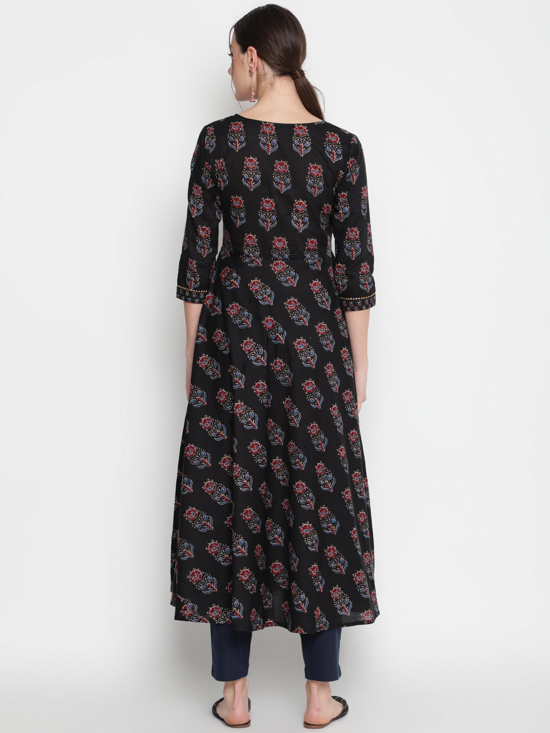 Cotton Printed Round Neck 3/4 Sleeve Flared Ankle Length Ethnic Kurta