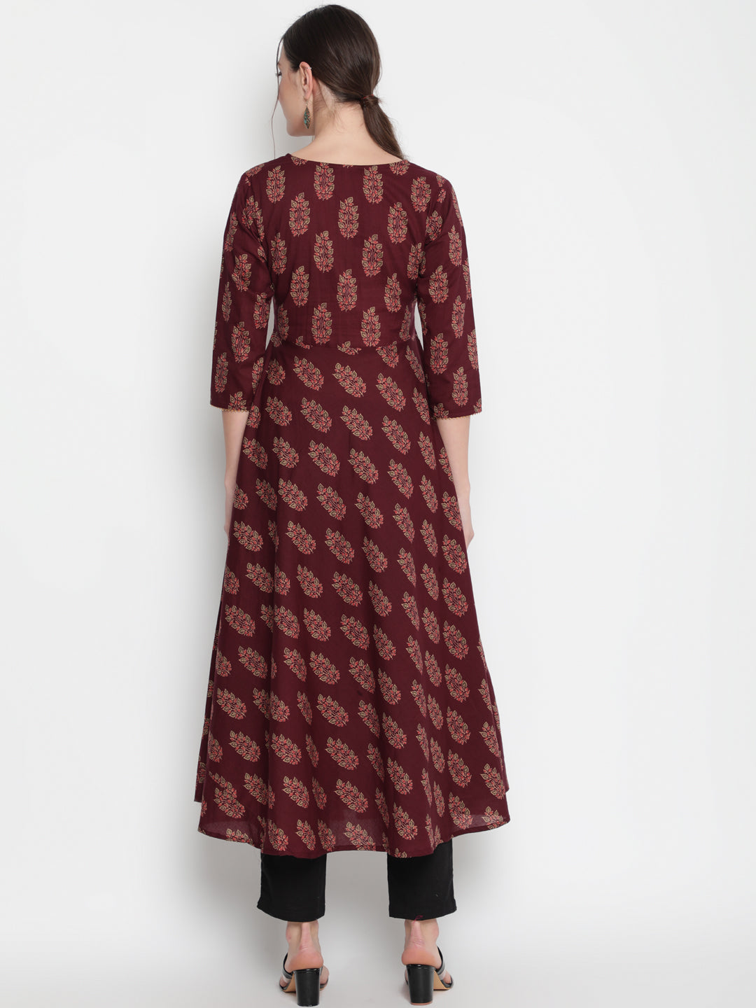 Cotton Printed Round Neck 3/4 Sleeve Flared Ankle Length Ethnic Kurta