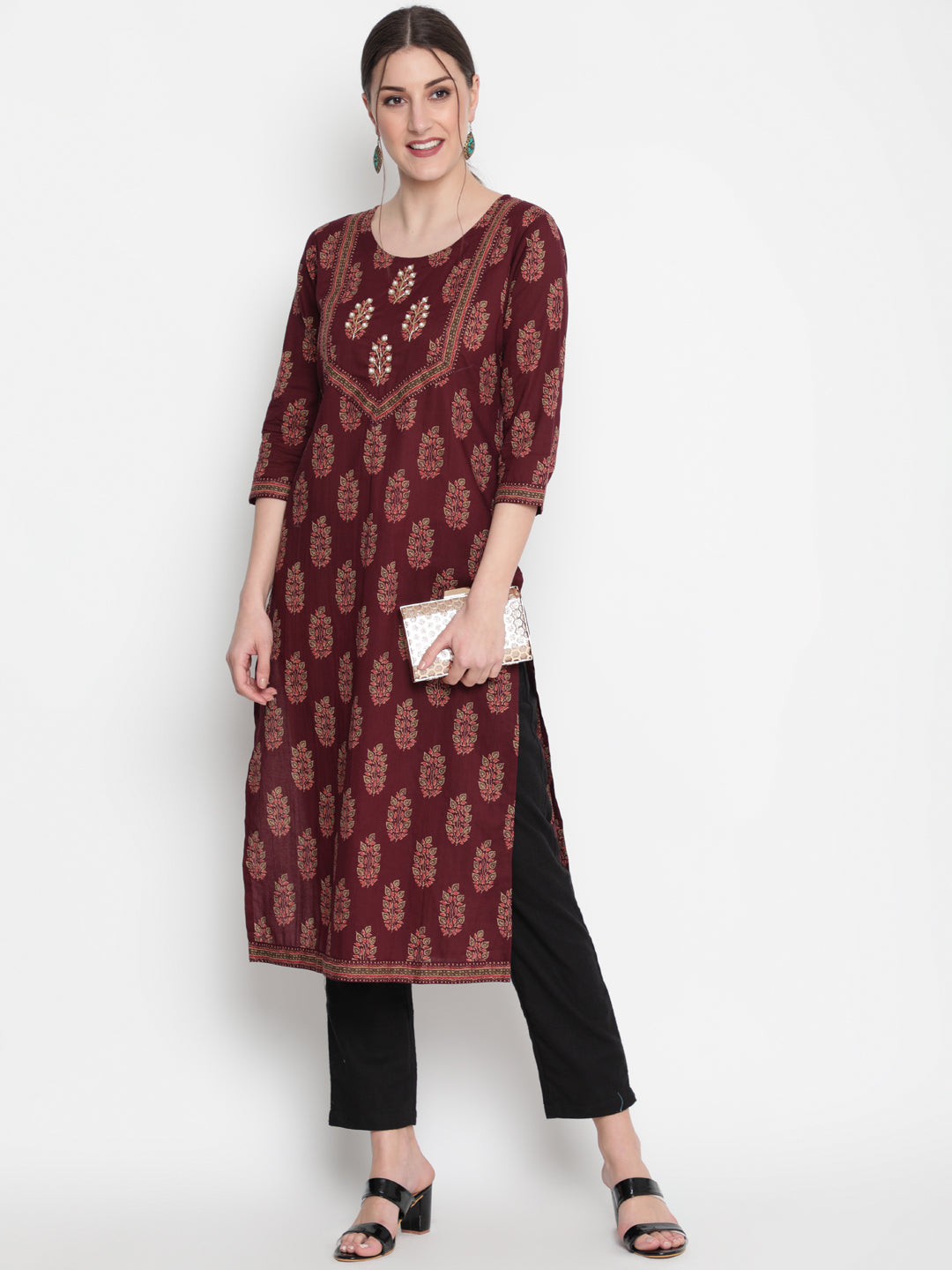 Cotton Printed Round Neck 3/4 Sleeve Straight Calf Length Ethnic Kurta