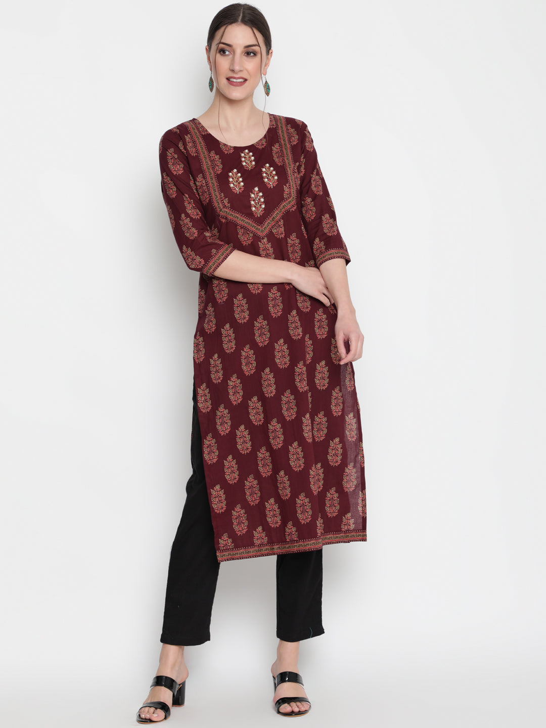Cotton Printed Round Neck 3/4 Sleeve Straight Calf Length Ethnic Kurta