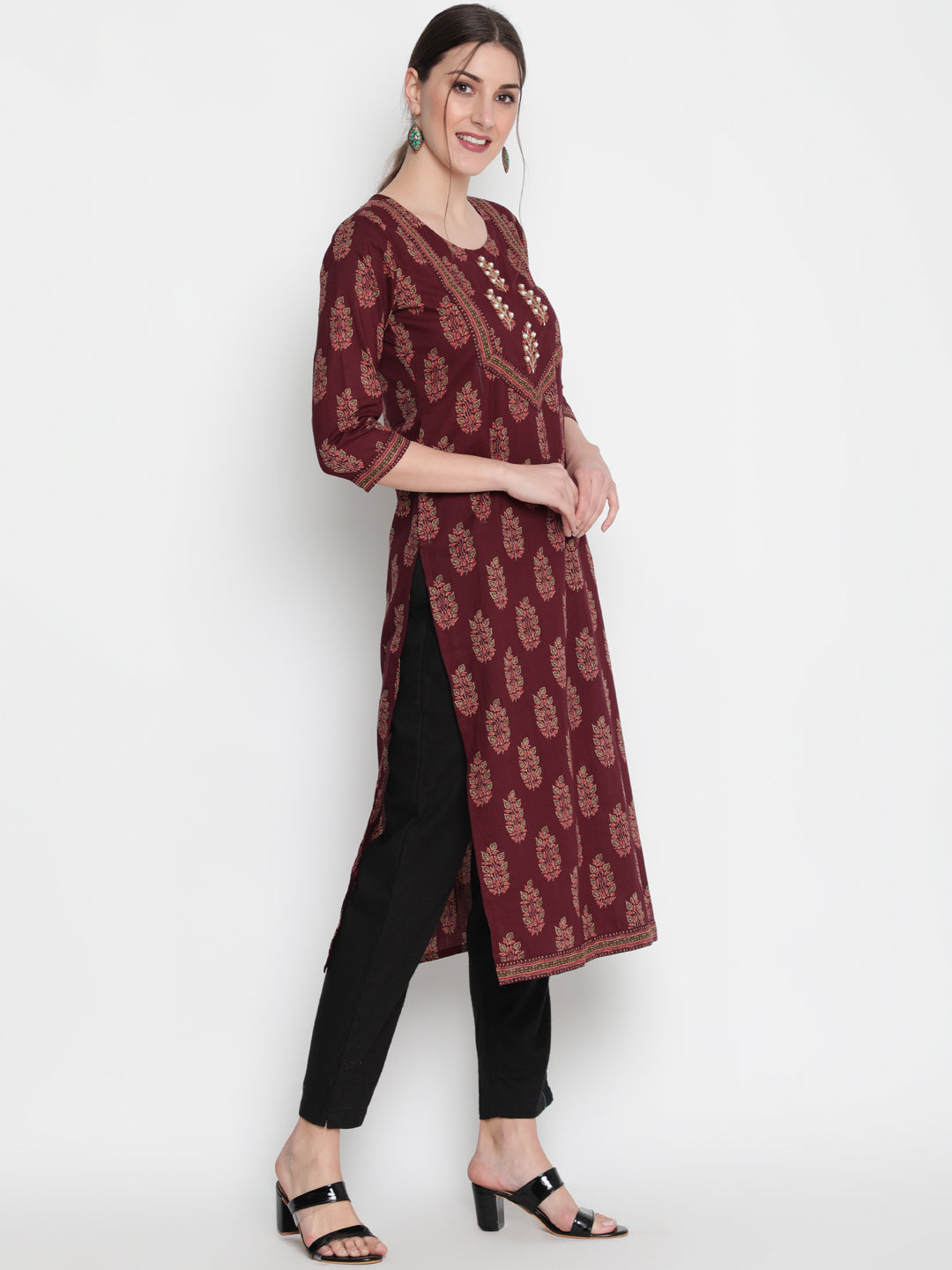 Cotton Printed Round Neck 3/4 Sleeve Straight Calf Length Ethnic Kurta