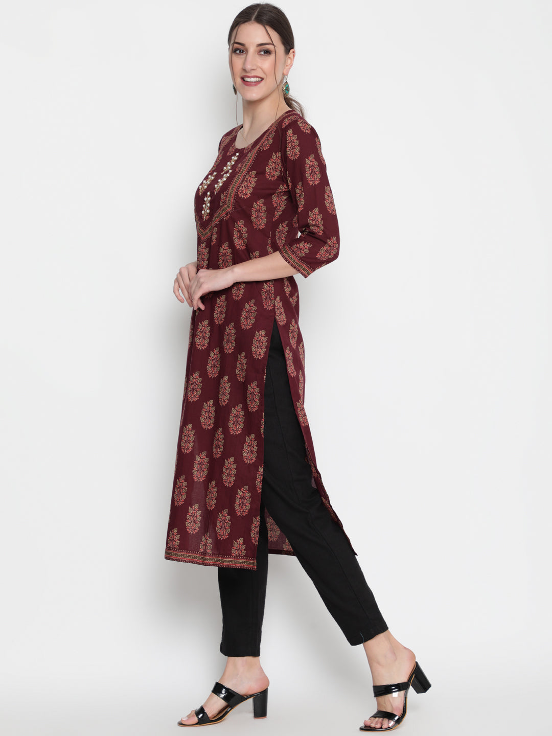 Cotton Printed Round Neck 3/4 Sleeve Straight Calf Length Ethnic Kurta