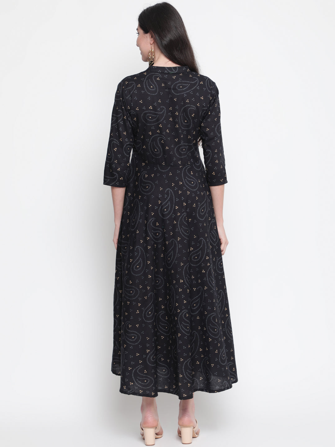 Cotton Printed Mandarin Neck 3/4 Sleeve Flared Ankle Length Ethnic Kurta