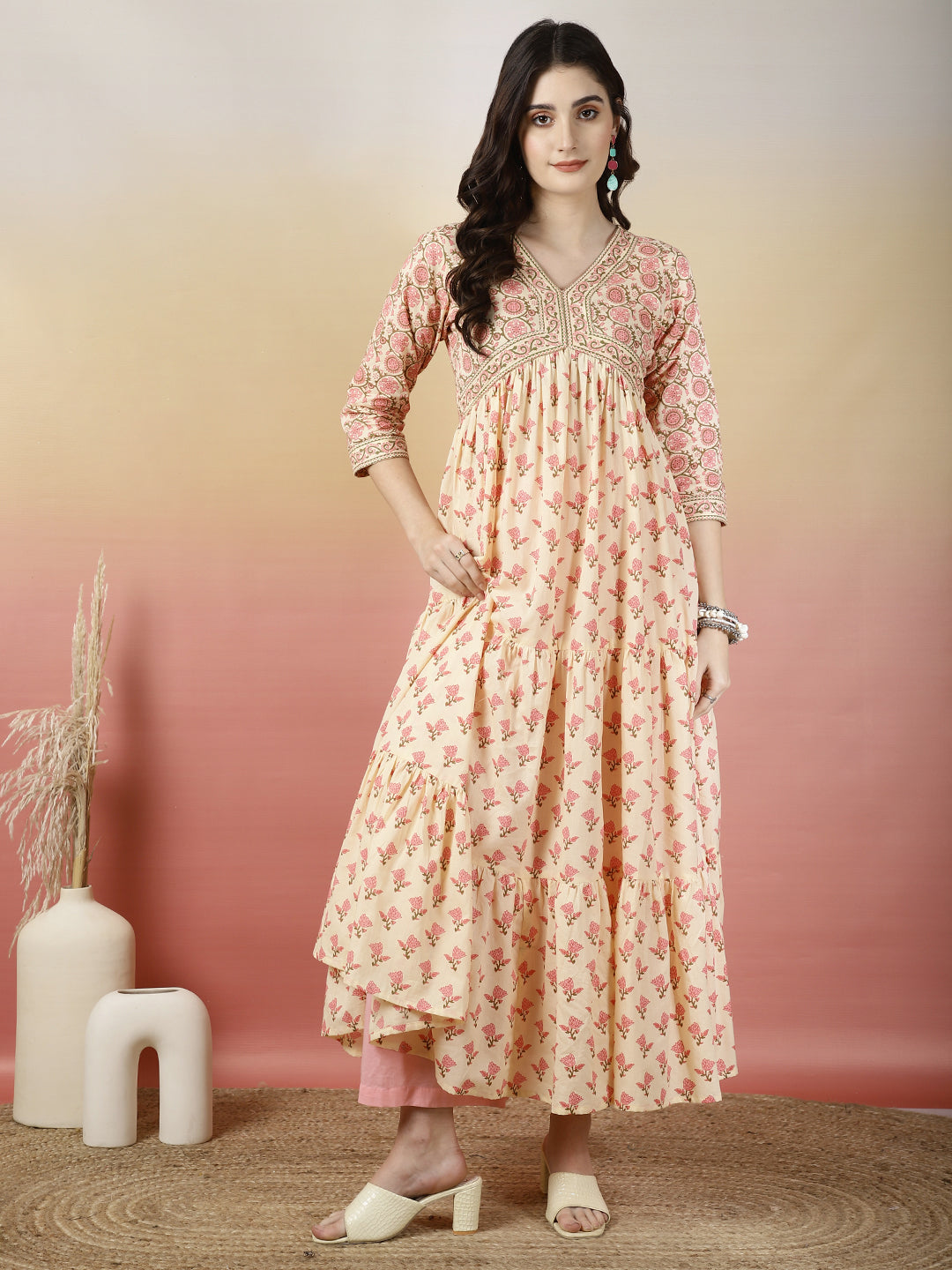 Women Cotton Printed Ankle Length V-Neck Tiered Kurta