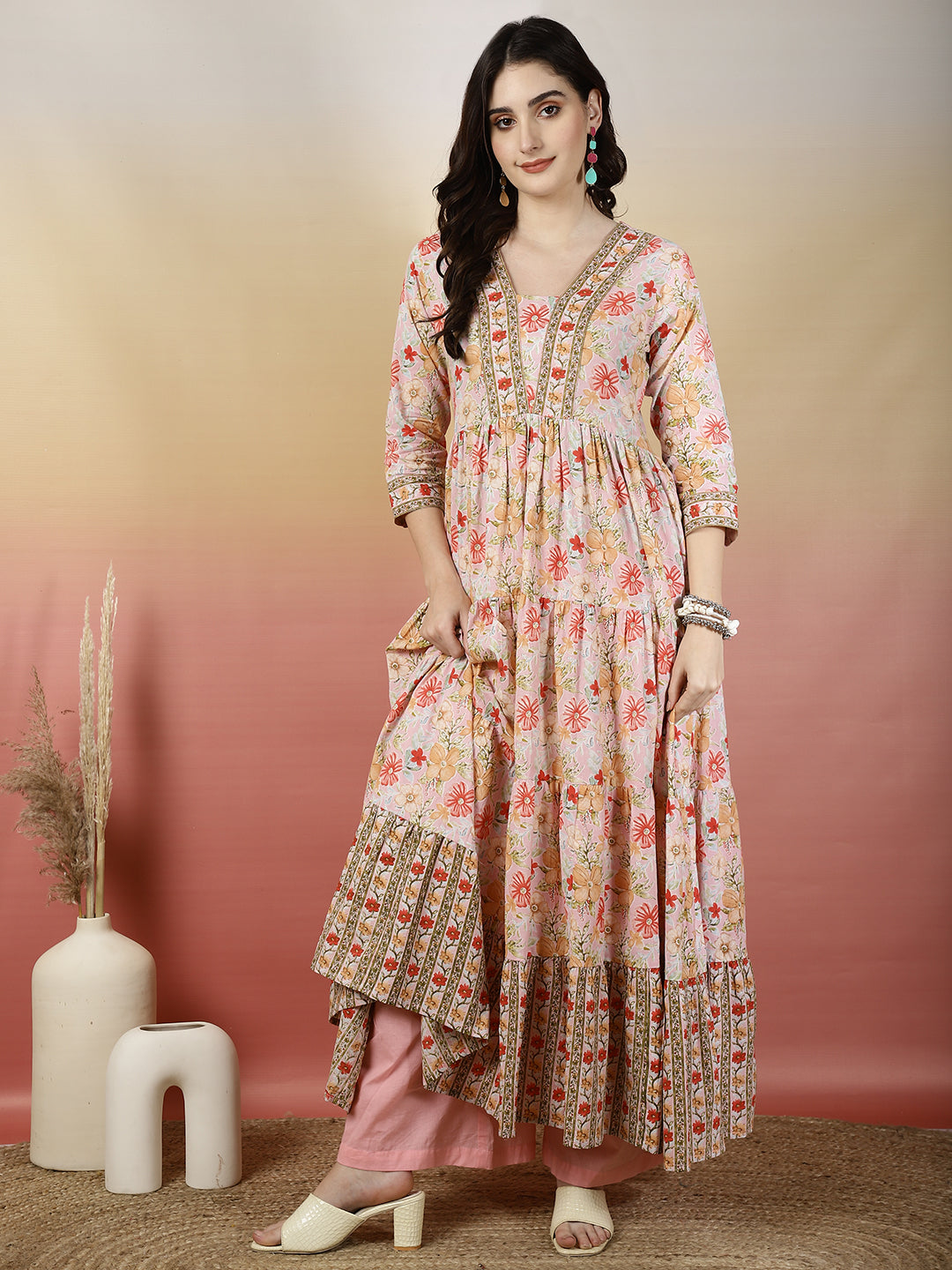 Women Cotton Printed Ankle Length V-Neck Tiered Kurta