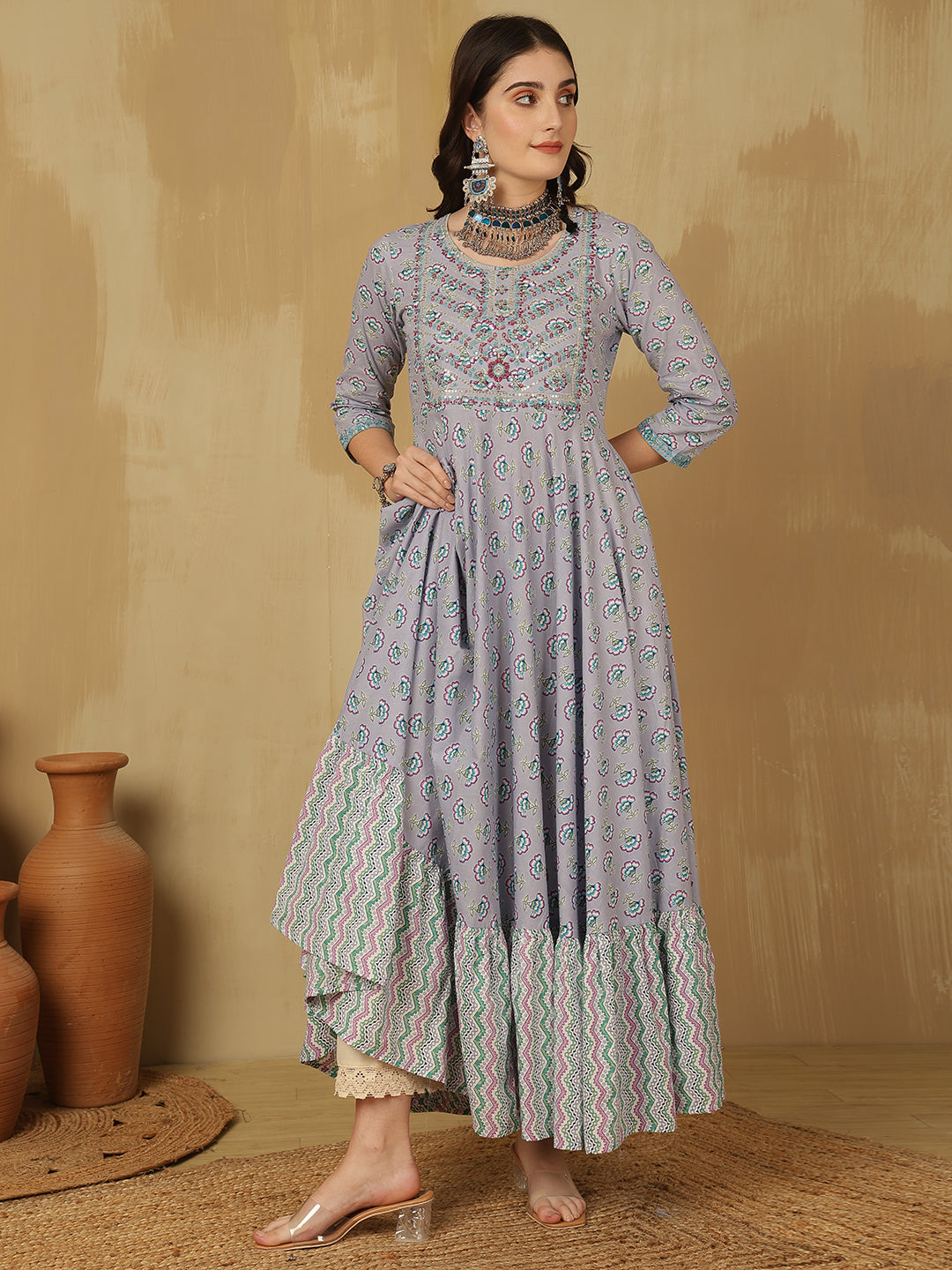 Women Embroidered Cotton Printed Ankle Length Round Neck Tiered Kurta