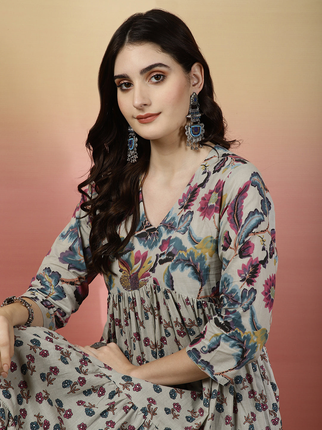 Women Cotton Printed Ankle Length V-Neck Anarkali Kurta