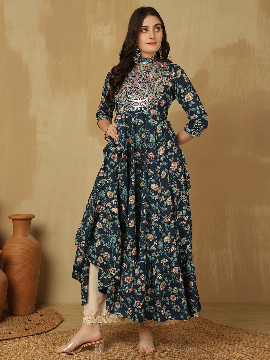 Women Embroidered Cotton Printed Ankle Length Round Neck Tiered Kurta