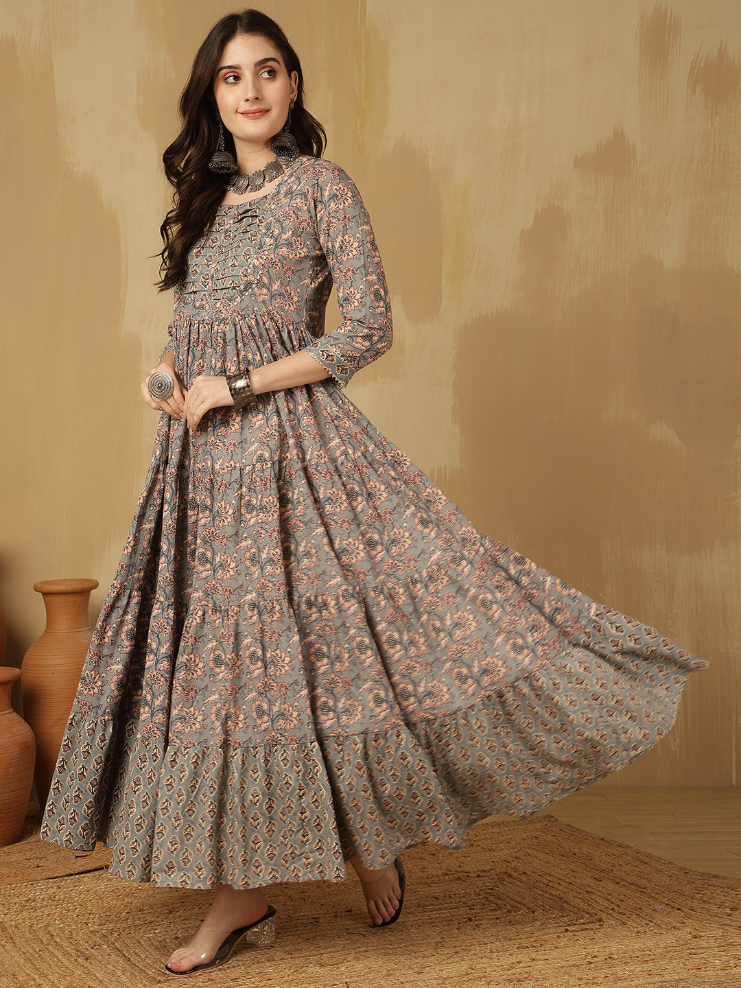 Women Cotton Printed Ankle Length Round Neck Tiered Kurta