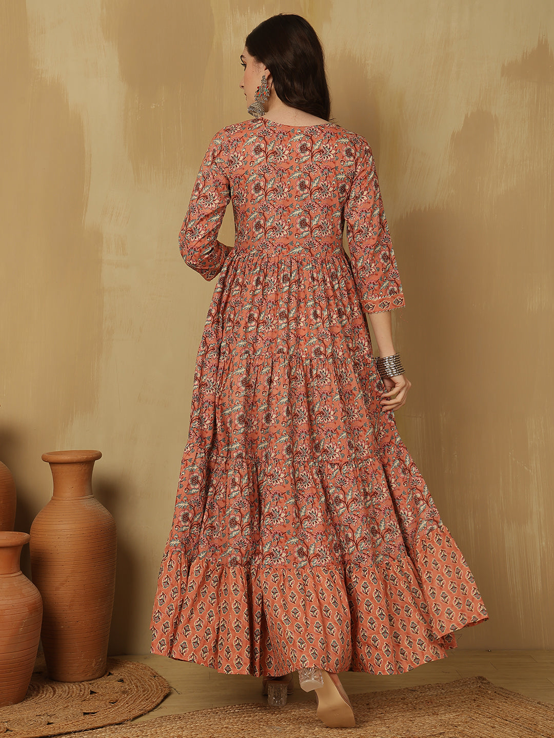 Women Cotton Printed Ankle Length Round Neck Tiered Kurta