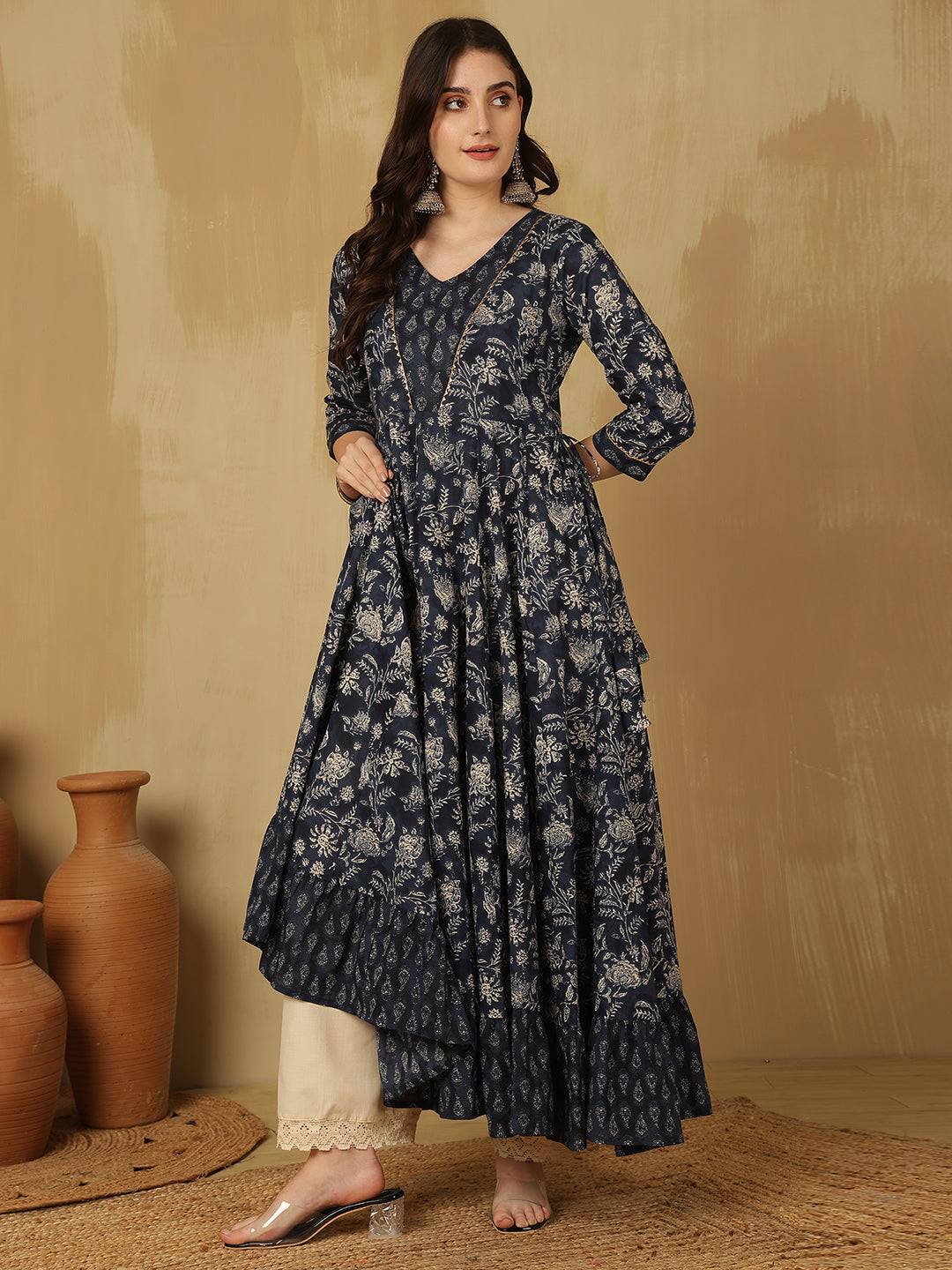 Women Cotton Printed Ankle Length V-Neck Tiered Kurta