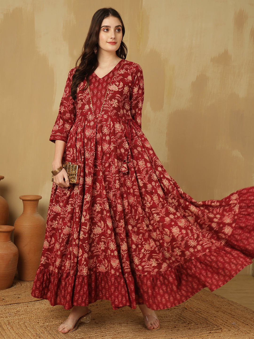 Women Cotton Printed Ankle Length V-Neck Tiered Kurta