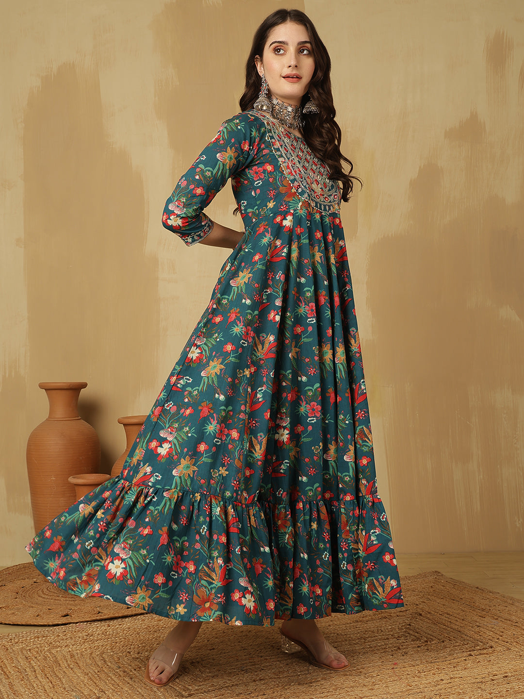Women Embroidered Cotton Printed Ankle Length Round Neck Tiered Kurta