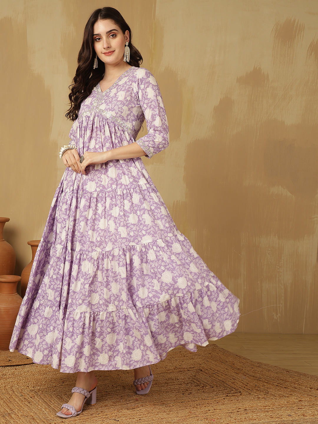 Women Embroidered Cotton Printed Ankle Length V-Neck Tiered Kurta
