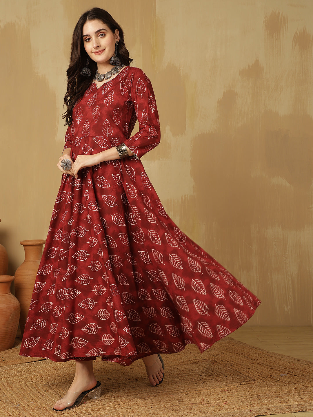 Women Cotton Printed Ankle Length V-Neck Anarkali Kurta