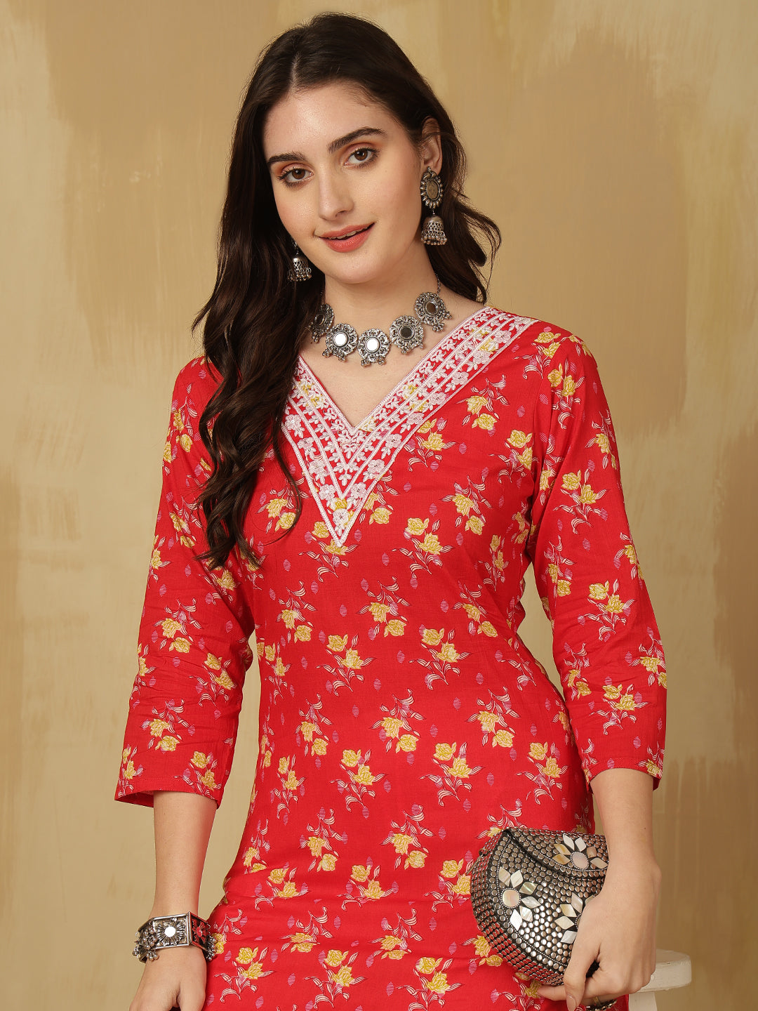 Women Embroidered Cotton Printed Calf Length V-Neck Straight Kurta