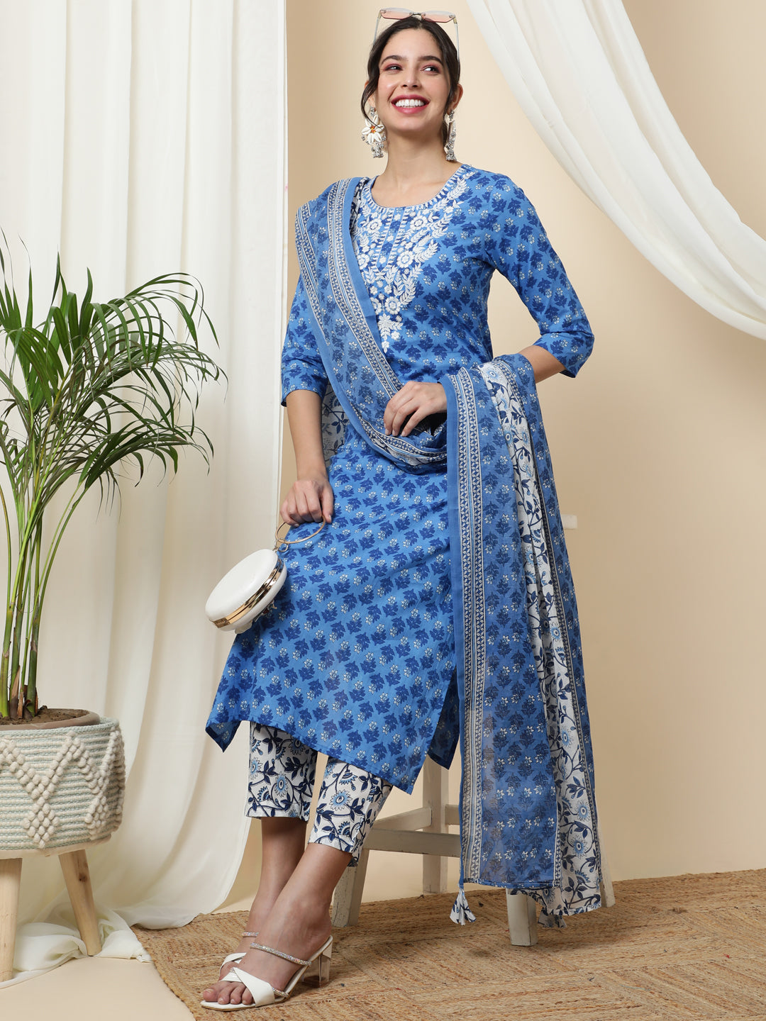 Cotton Calf Length Printed Straight 3/4 Sleeves Round Kurta Bottom Dupatta Set