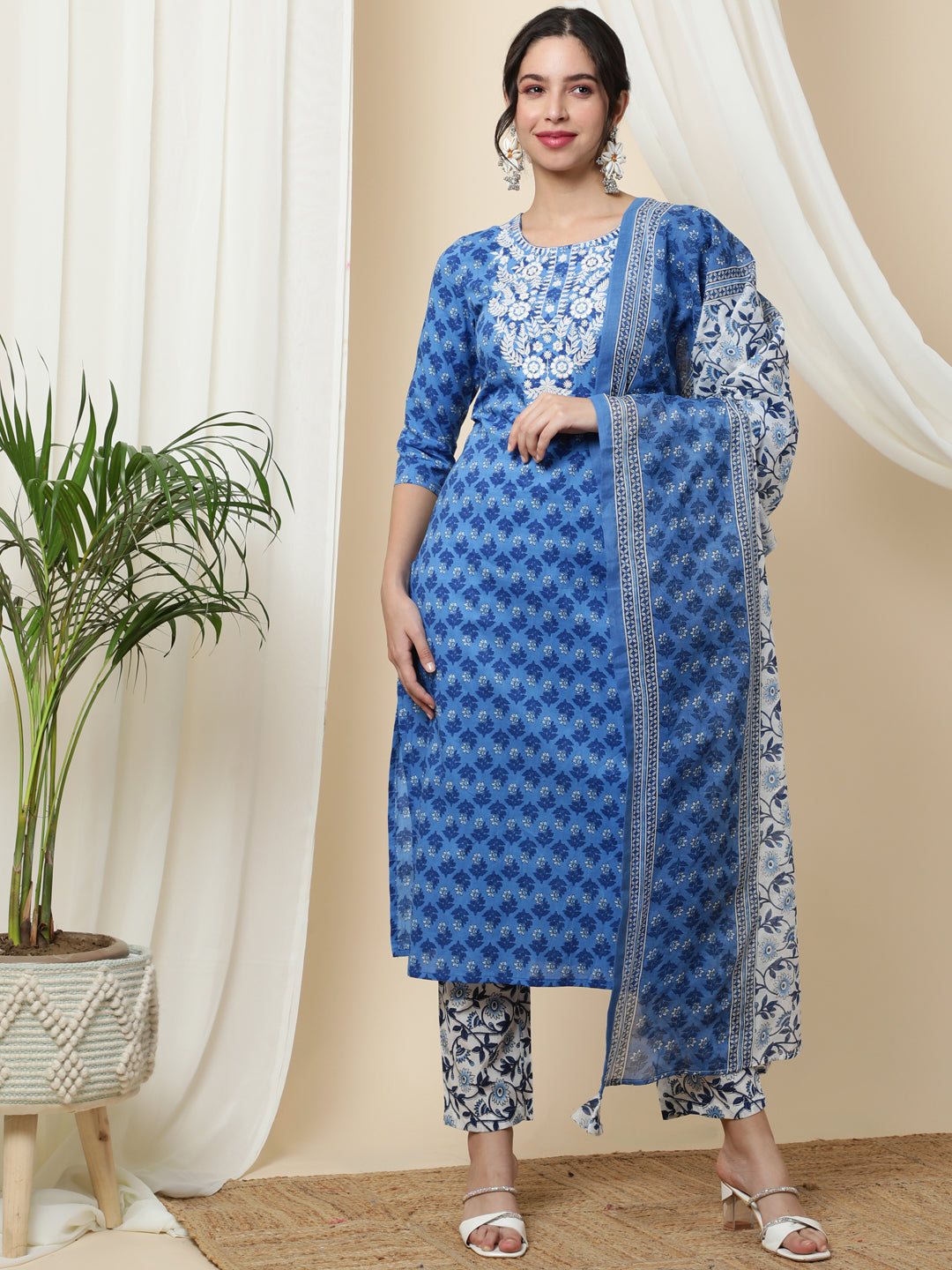 Cotton Calf Length Printed Straight 3/4 Sleeves Round Kurta Bottom Dupatta Set