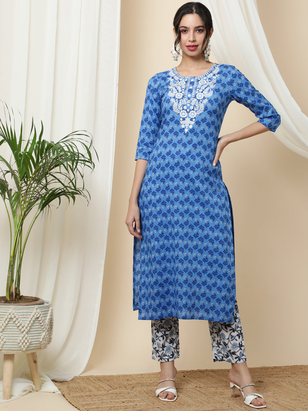 Cotton Calf Length Printed Straight 3/4 Sleeves Round Kurta Bottom Dupatta Set