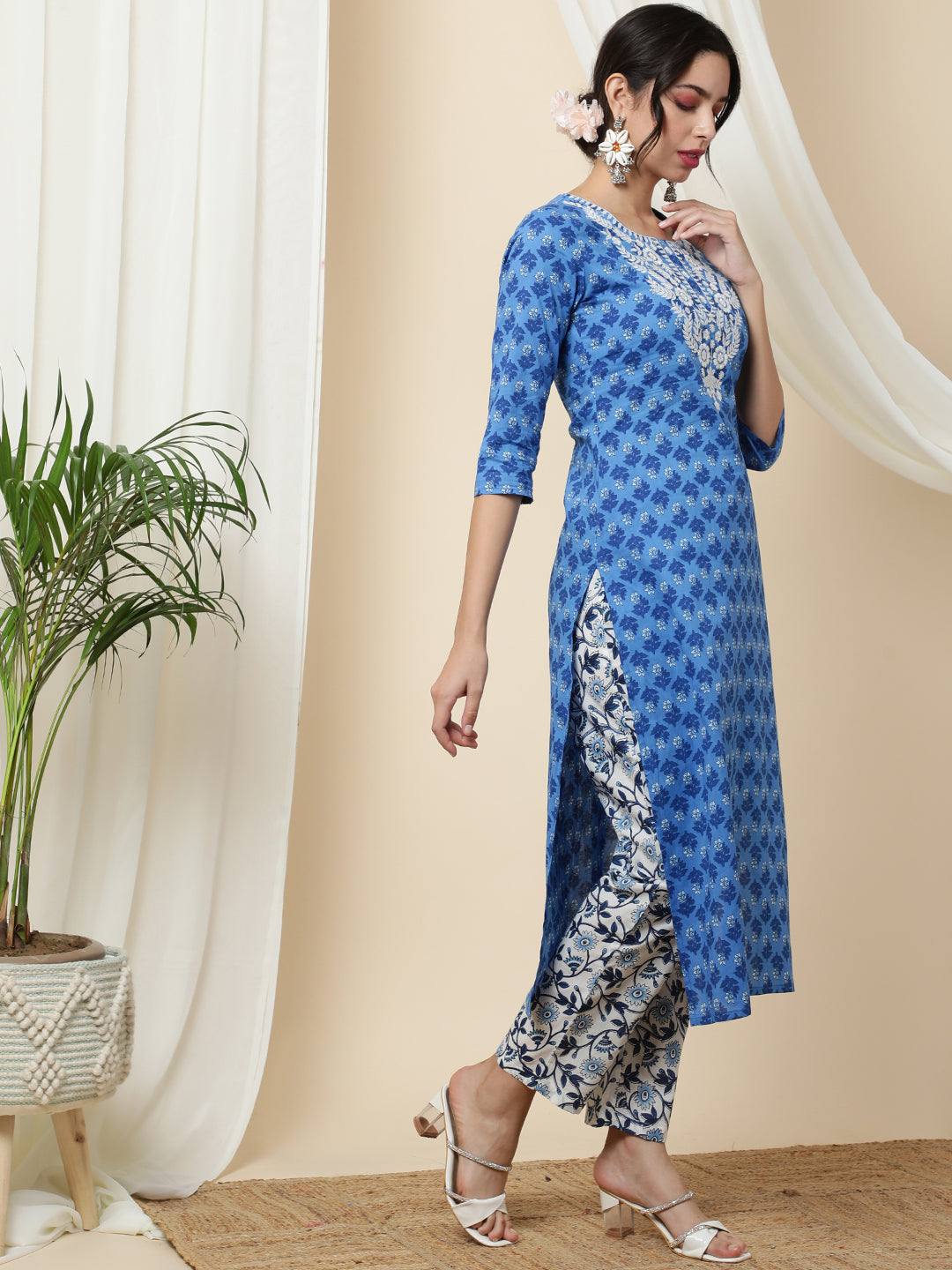 Cotton Calf Length Printed Straight 3/4 Sleeves Round Kurta Bottom Dupatta Set