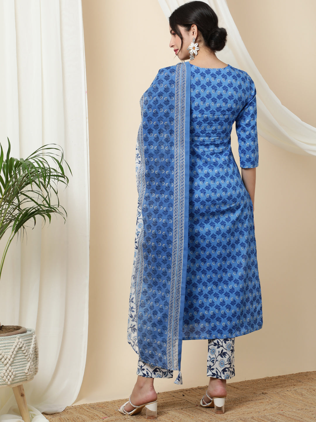 Cotton Calf Length Printed Straight 3/4 Sleeves Round Kurta Bottom Dupatta Set